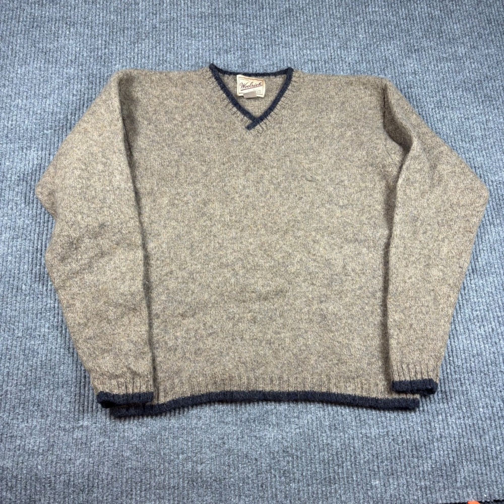 Woolrich Mens Large V-Neck Wool Blend Sweater Tan Brown Contrast Trim Vintage